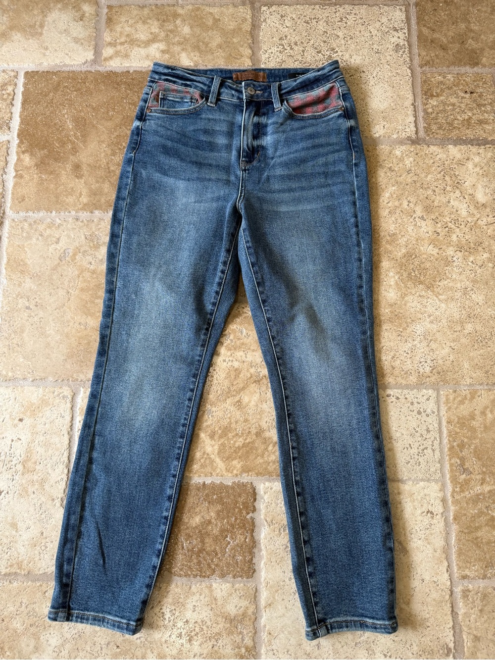 Judy Blue Medium Wash High Rise Slim Straight Leg Jeans with Red Plaid Accent